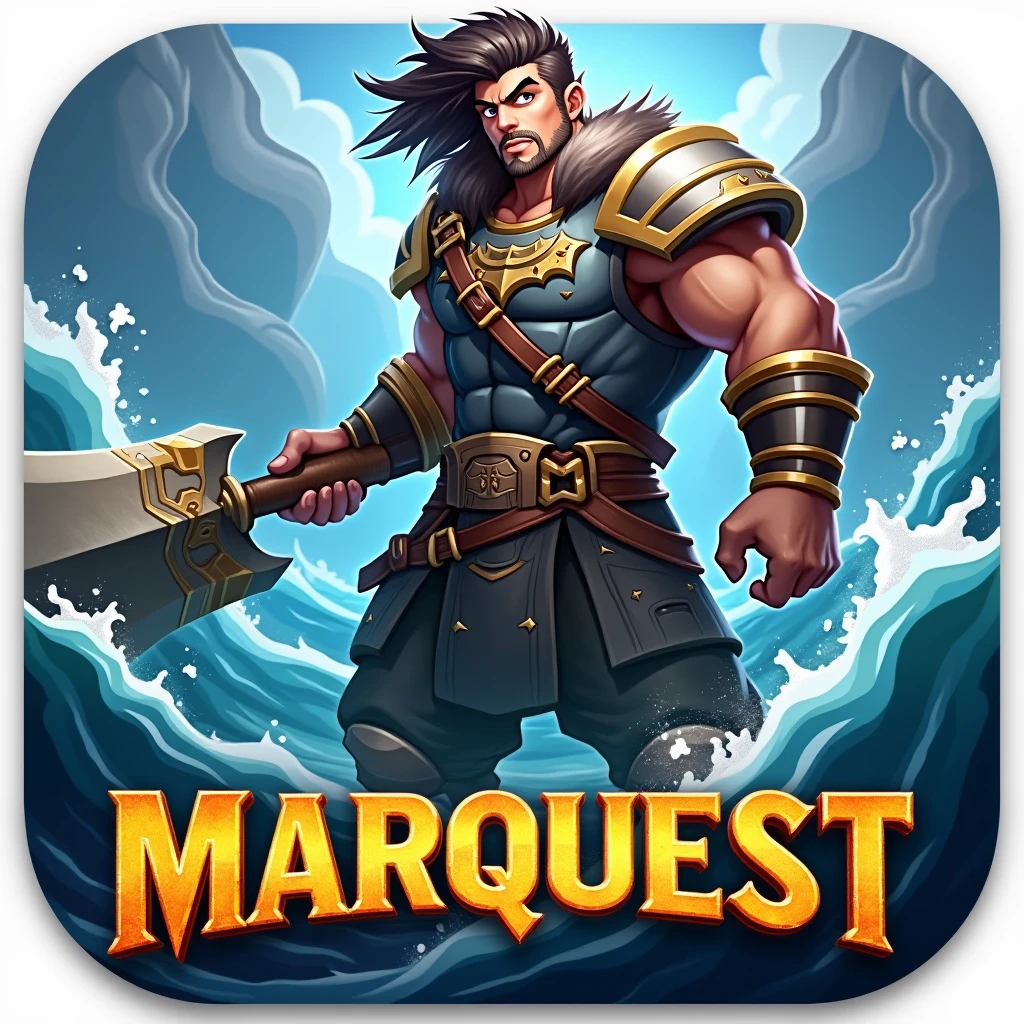 a PC UNIQUE game icon for my game "MarQuest" a open world rpg, sea exploring game where you fight giant sea creatures. try to put the game name on it.