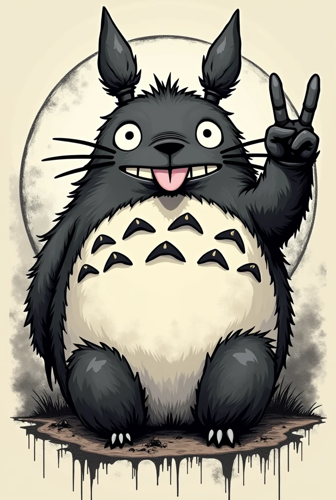 Tattoo with Totoro represented in a punk arnachist way, tongue out and rock symbol with fingers