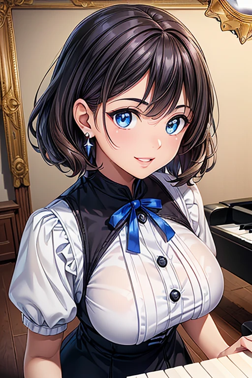 #Basics Girl posing for a photo, animeのcute少女, ((One Girl)), ((Baby Face:1.5)), ((cute:1.5)), (()),
break
#Clothing Accessories
(White blouse with black ribbon) + (Black Pencil Skirt),
((Blue gemstone earrings)),
break
#Features
((Blonde)), ((A beautiful frame is visible., Center-parted bangs:1.4)), ((short hair) : Short Hair + Voluminous Hair + Curly Hair + Curly hair),
((Big eyes:1.4)), ((blue eyes)),
(Small breasts),
(White skin),
break
#background environment
((noon, A reception room with a piano in a Western-style building)),
#Facial Expression Pose
((smile + (Open your mouth))), ((play the piano)),
#composition
((Angle from the front)), ((Cowboy Shot)),
break
#Body parts elements
(Slim figure),
(Symmetrical facial features),
(Detailed Hair, Beautiful Hair, Shiny Hair),
(double eyelid, Long eyelashes, Thin eyebrows:0.5),
(Detailed eyes), (Beautiful Eyes), (Sparkling eyes), Glitter Eyeliner,
(Human Ear),
(Beautiful Nose, Thin Nose),
(Glossy Lips, Beautiful Lips, Thick lips),
(Detailed skin, Textured skin, Beautiful Skin, Oily skin),
break
#quality
(((最高quality)), ((masterpiece:1.3)), ((Very detailed))), ((Ultra-high resolution)), ((16K)), ((1080P)), ((Full HD)),
((Anatomically correct)), ((Realistic)), (3DCG), ((oil)),
((comics, anime)), (CG illustration), (RAW Photos),