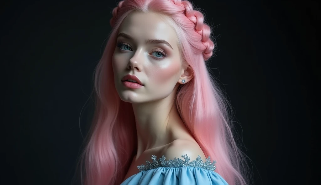 FAIRY WITH AN HYBRID FACE BETWEEN CLAUDIA SCHIFFER AND GISELE BUNDCHEN , BUST IMAGE STYLE, STUDIO IMAGE STYLE, BLACK INFINITE BACKGROUND, DIFFUSED LIGHTS ON FACE, BACK LIGHTS ON HAIR, LUMINOUS PINK HAIR, LIGHT PINK HAIR COLOR, CLOSE FACE SHOT, HUGE LONG HAIR, HUGE STRAIGHT LONG HAIR, BRAID HAIR STYLE, PLATINUM EYEBROWS, VERY PALE SKIN, LUMINOUS SKIN, FEMALE FAIRY, TOLKIEN MITHOLOGY, EXPOSED LONG TIP EARS, HIGH CHEEKBONES, ROSY CHEEKS, GORGEOUS LIPS, SOFT LIPSTICK, GORGEOUS CURVY BODY, SOFT MUSCLES, VOLUMOUS BREASTS, STRAPLESS CLEAVAGE, BLUE VICTORIAN DRESS, ENIGMATIC FACE EXPRESSION, SIDE FACE VIEW, EYES LOOKING UP, TOLKIEN MITHOLOGY, HIGH QUALITY IMAGE, MASTERPIECE, 8K