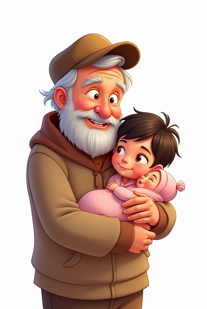 Disney CARTOON OF LOVING YOUNG GRANDFATHER IN CAP WITH ADELESENT GRANDSON AND NEWBORN GRANDDAUGHTER IN PINK DRESS ON A WHITE BACKGROUND