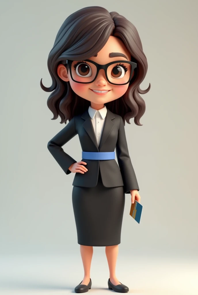 A full body 3D cartoon character. She has a friendly and charismatic appearance. The character is a young woman with fair skin, loose dark brown hair, thick eyebrows, large brown eyes and wears glasses. She is smiling confidently. The character is dressed formally, wearing a black dress with a blue sash at the waist. She is holding a credit card in her hand. Your posture and relaxed posture suggest confidence and ease. The background of the image is neutral, which highlights the character even more.