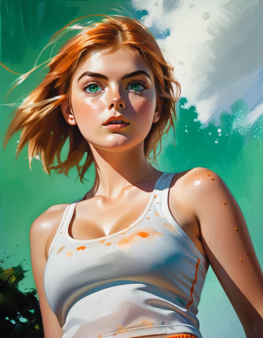 ((Low angle shot) young Brighton Sharbino ), (((down view))) (a glance at the low camera). (Hyperrealistic), Very short orange hair, green eyes, Freckles, Cute white Tank top, Mini Shorts, Sports, Sweaty, Medium Breasts, Aesthetics, ((oil painting)), (headband:0.75),(turquoise:0.2),(orange:0.2), (Jeremy Mann:0.5), (John Constable:0.1),(El Greco:0.5),(rough strokes of acrylic paint:0.75), 8K
