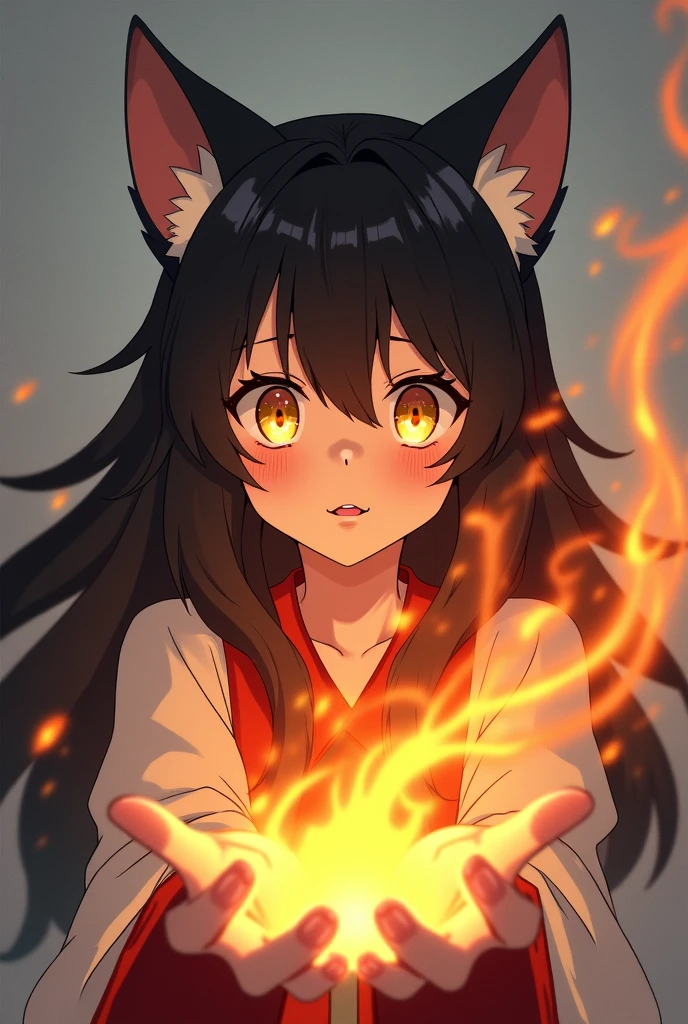 ookami mio, a fair-skinned wolf with black hair and pale skin and golden eyes, is surprised to see her flame power coming out of her hand for the first time