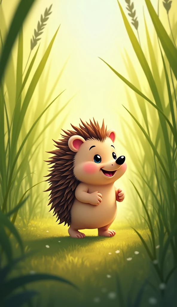 A cartoon hedgehog is walking through tall hi grass on his hind legs, he is laughing