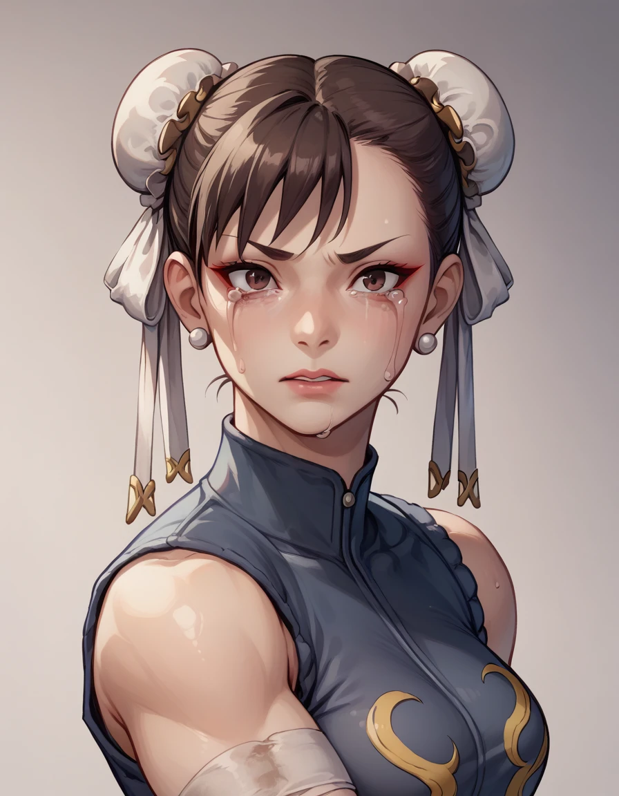 tatteredclothing、Acne、Look Down、Crying face、、Bandage、Street Fighter２Chun-Li in a black outfit、Anime-style digital art、