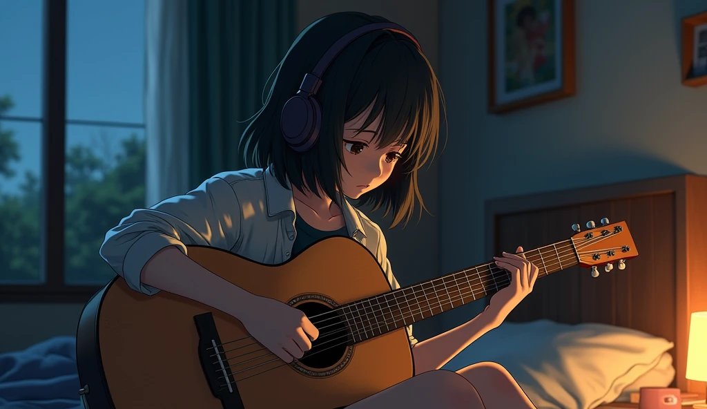 Perfect image, 8k, night、Private room、high school girl, Using headphones、Practicing guitar、 2D-style animation, Lo-Fi, Emotional、Retro、Anime style illustrations