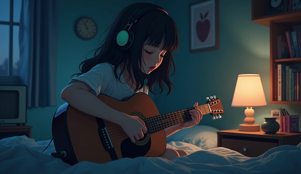 Perfect image, 8k, night、Private room、high school girl, Using headphones、Practicing guitar、 2D-style animation, Lo-Fi, Emotional、Retro、Anime style illustrations