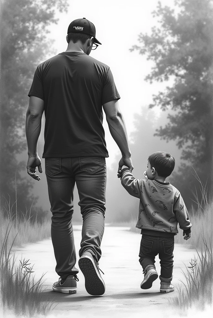 A charcoal drawing of a dad walking through the park with a black cap that has Vans on it and a black t-shirt.On the left he is holding a one-year-old boy by the hand.This one is wearing a dino sweater and has a pacifier in his mouth.Dad wears glasses