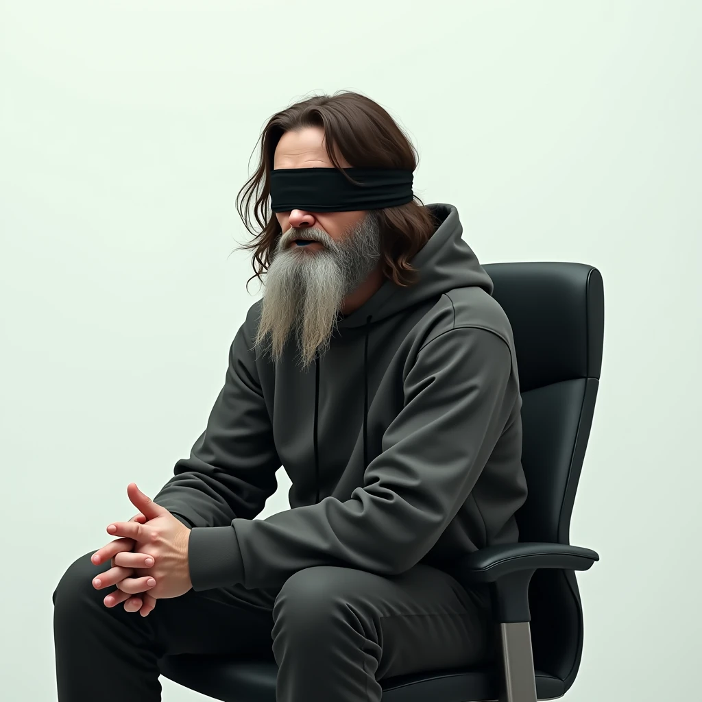 A man with long wavy hair, with a medium beard of brown color, almost white, with a black blindfold over his eyes and with adhesive tape covering his mouth to censor him. He is wearing a simple hooded outfit, sitting in an office chair in a white room and with hands clasped closed with making a reflection.