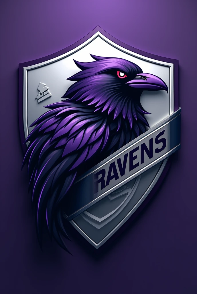 generate a 3D sports raven mascot logo shield in shiny silver and purple color, put a text strip "Eng. by Software 2024.1" that involves the shield