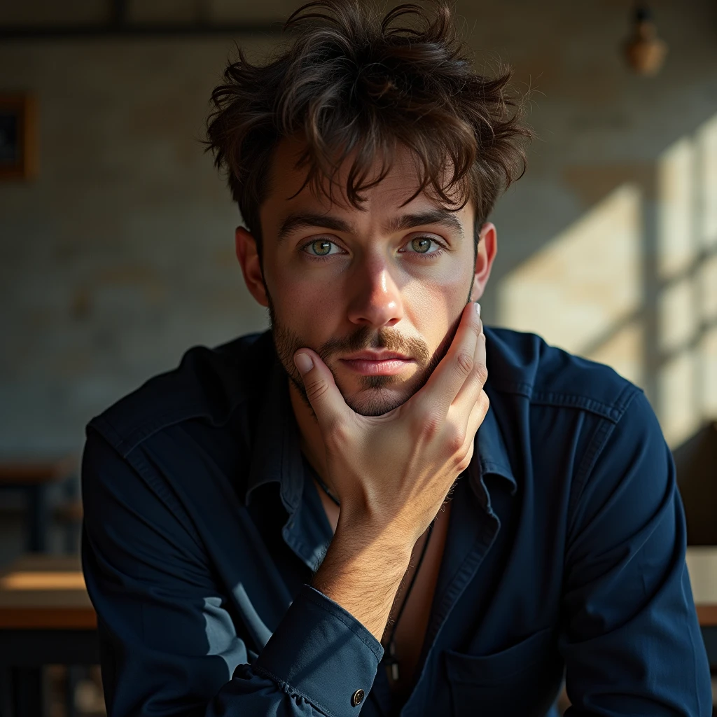 high fashion photography of a flabby young man as a ((police officer)) with ((messy hair)) wearing (elizabethan clothes),dressed in dark blue top,v-neckline,smooth texture,necklace with pendant,concrete structure,shadow patterns,sunlit area,hand on face,leaning slightly,intense gaze,Eye-level shot,centered subject,natural daylight,at a cafe,sun rays,Tarot Card style,(front view:1.3),shot on Nikon D780 with Nikkor 14-24mm f-2.8G,photo by Julia Margaret Cameron