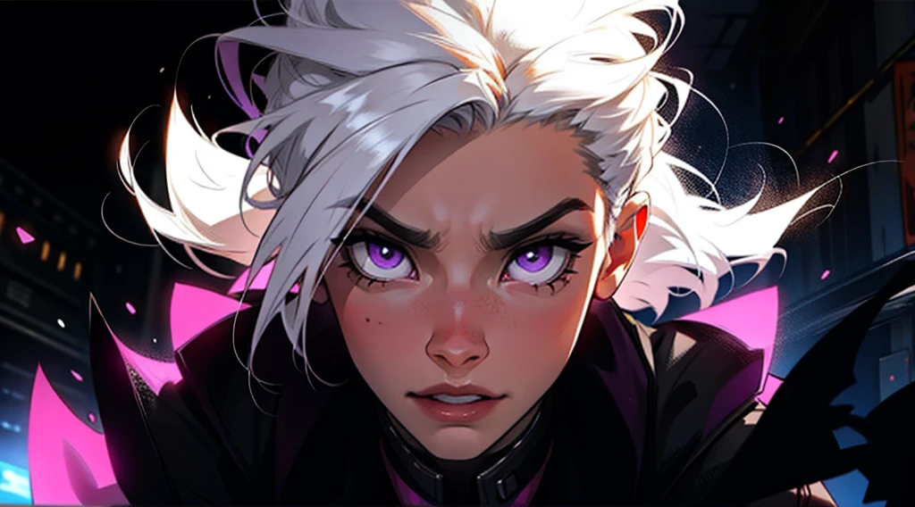 fierce, determined, close-up, a single woman with silver hair and purple eyes in a dark underground city