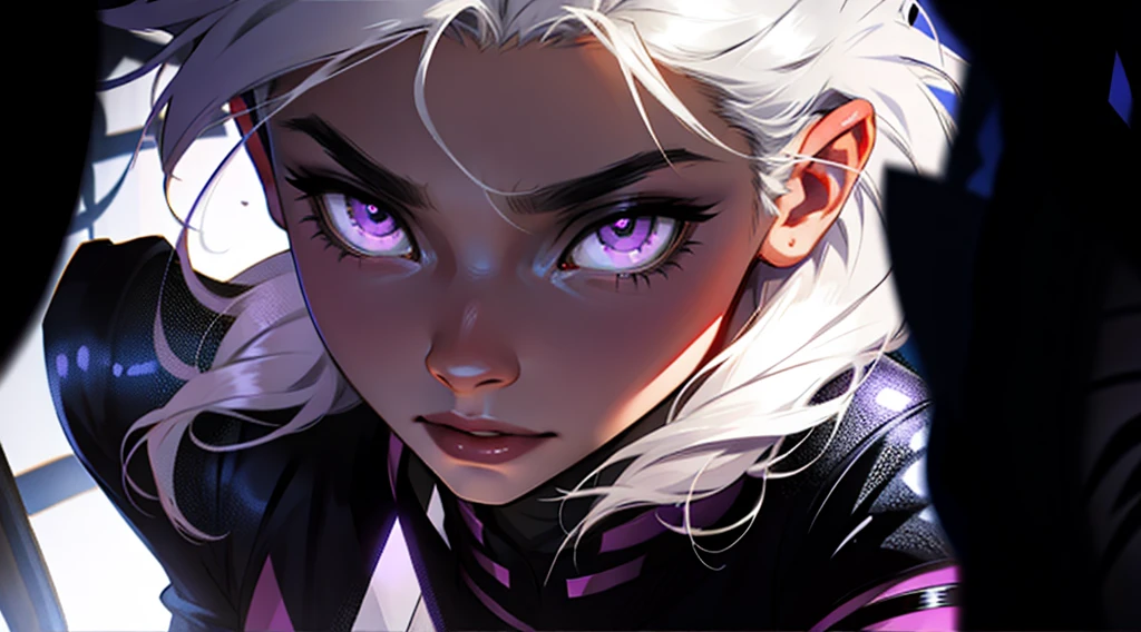 fierce, determined, close-up, a single woman with silver hair and purple eyes in a dark underground city