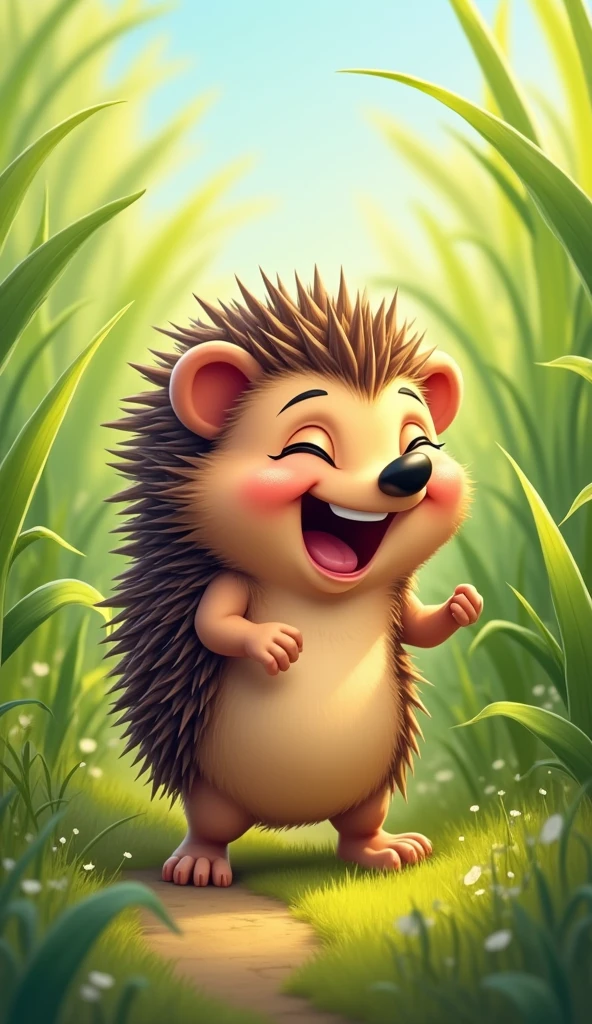 A cartoon hedgehog is walking through tall grass on his hind legs, he is laughing