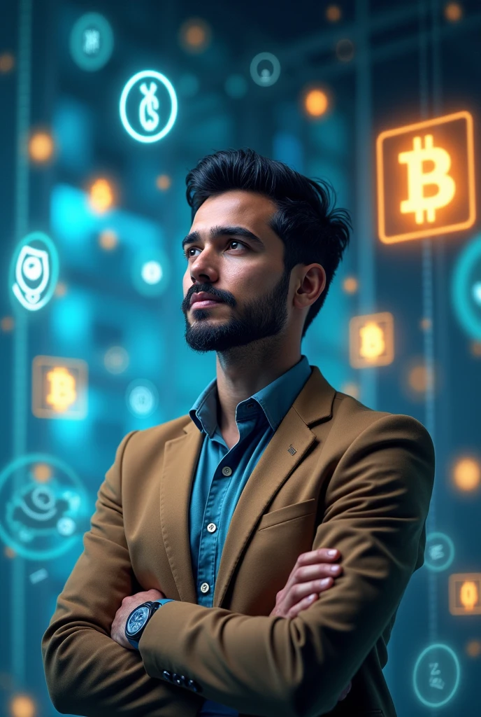 need a crypto image  that details how cryptos are the money of tomorrow and how your savings can be safe with them make it for social media and add more crypto simbols, ephatize on realistic, can you make the guy more latin american?
