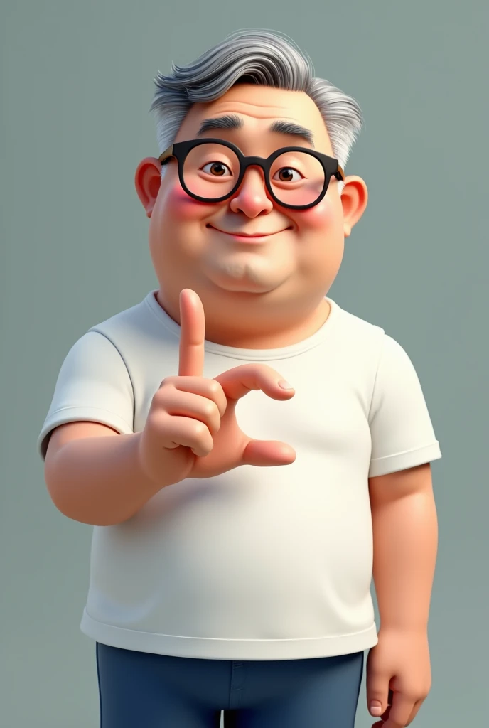 Create an image of a middle-aged man with a round face, moreno skin, and droopy eyes. He is wearing a white shirt and blue shorts, and doing a finger heart gesture commonly seen in Korean dramas. His hair is typical dad style with some gray and white strands. He wears thick glasses and has a serious but slightly smirking expression. He is around 5'0 tall