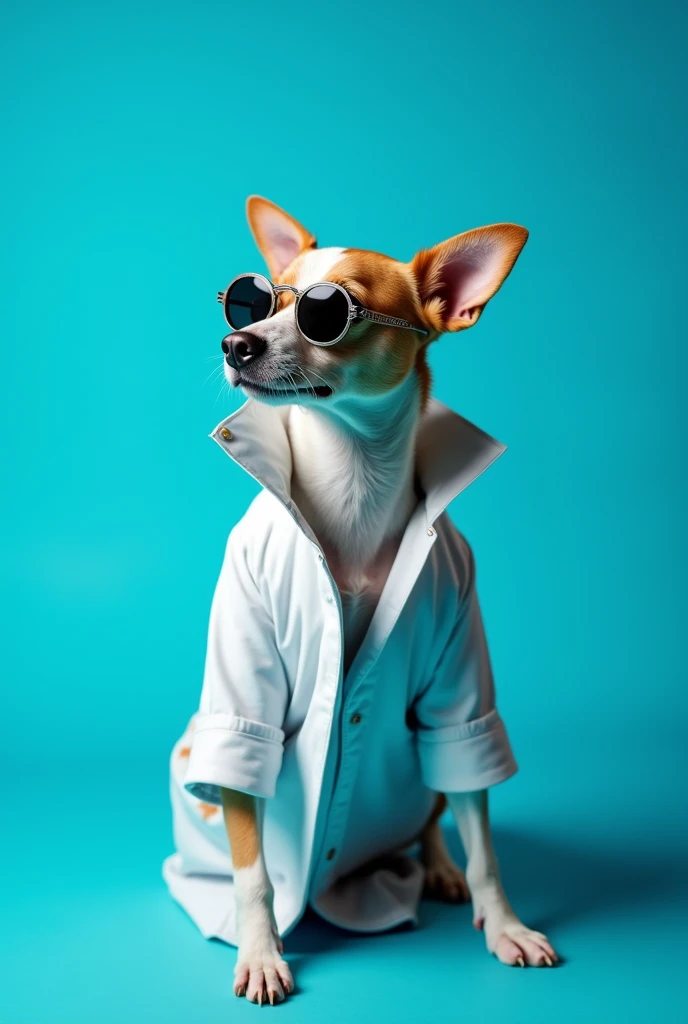 The best cell phone wallpaper, Award-Winning Wallpaper, portrait photography, In the front view is a portrait of a cute dog wearing mid-1960s space age fashion, Side view photo, Shot with Canon EOS R5, Set a strong contrast that accentuates the subject, Fluorescent blue tone, Wearing a very modern coat and sunglasses is a modern 1960s style, Clothes all in one color, beautiful background