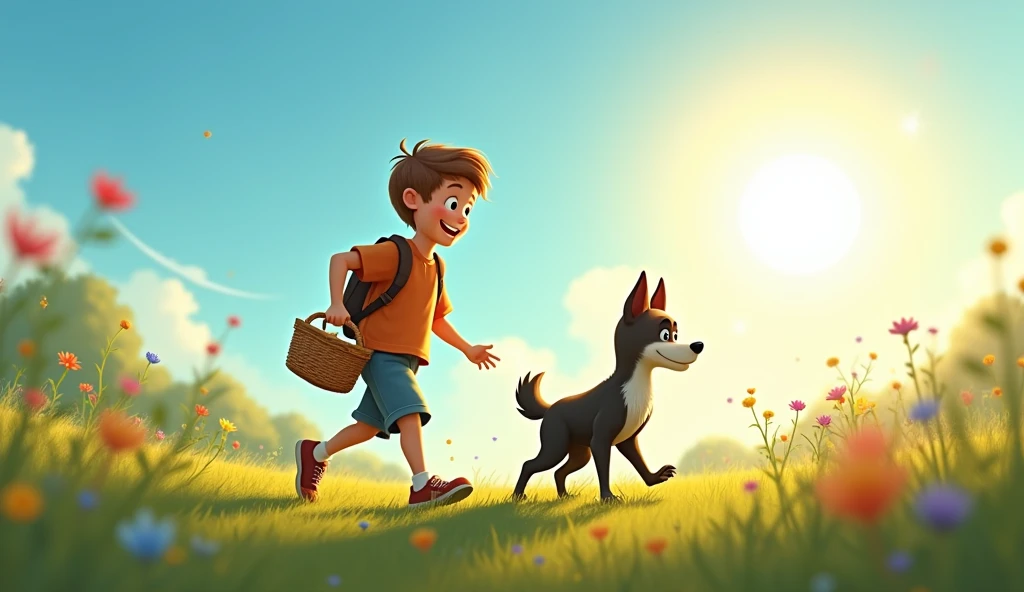 “Sam and Shadow, now inseparable, are shown walking with in a beautiful meadow. Sam is carrying a small basket, and Shadow is walking beside him. The sky is clear, and the sun is shining brightly, creating a sense of adventure and joy.”