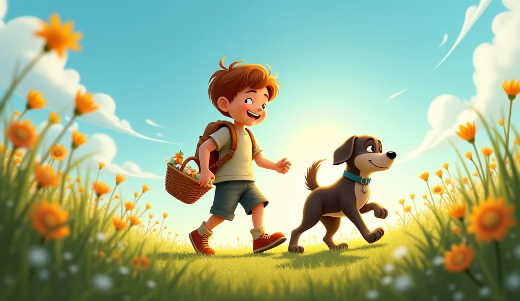 “Sam and Shadow, now inseparable, are shown walking with in a beautiful meadow. Sam is carrying a small basket, and Shadow is walking beside him. The sky is clear, and the sun is shining brightly, creating a sense of adventure and joy.”