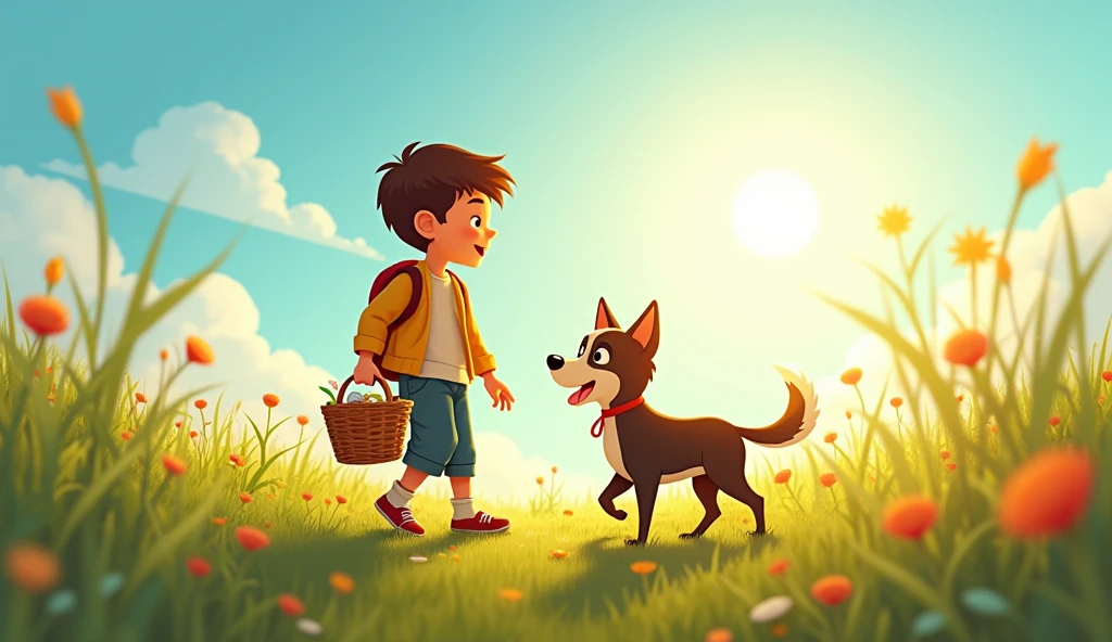 “Sam and Shadow, now inseparable, are shown walking with in a beautiful meadow. Sam is carrying a small basket, and Shadow is walking beside him. The sky is clear, and the sun is shining brightly, creating a sense of adventure and joy.”