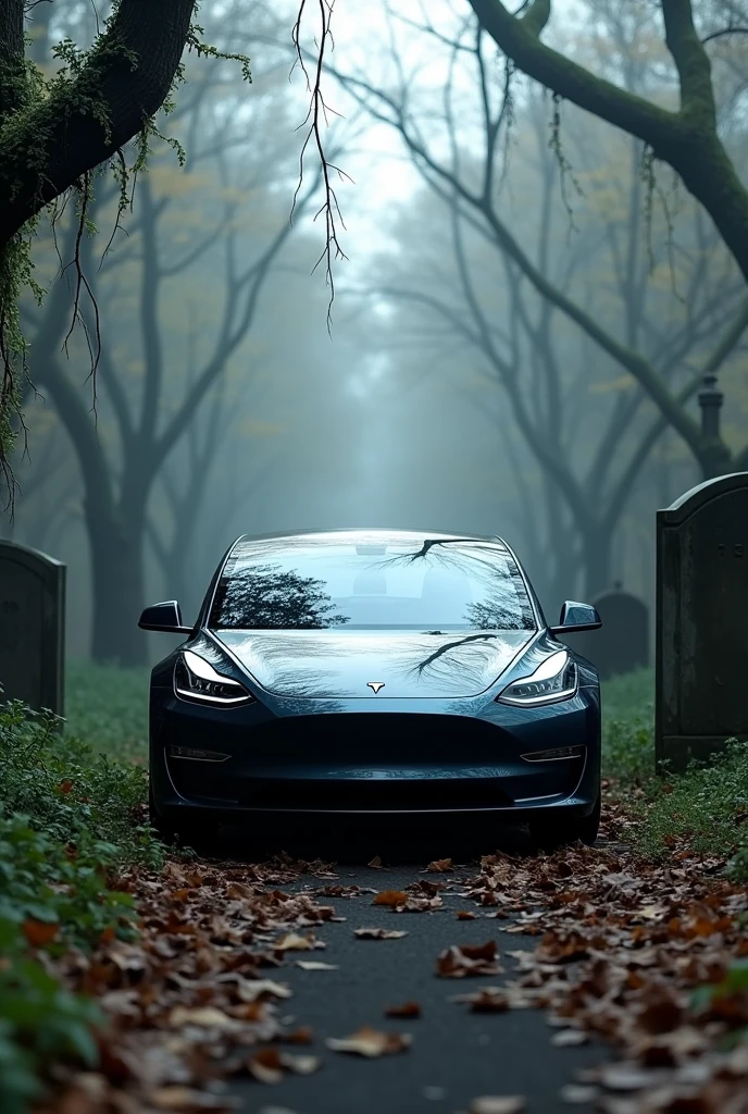 Tesla car in graveyard