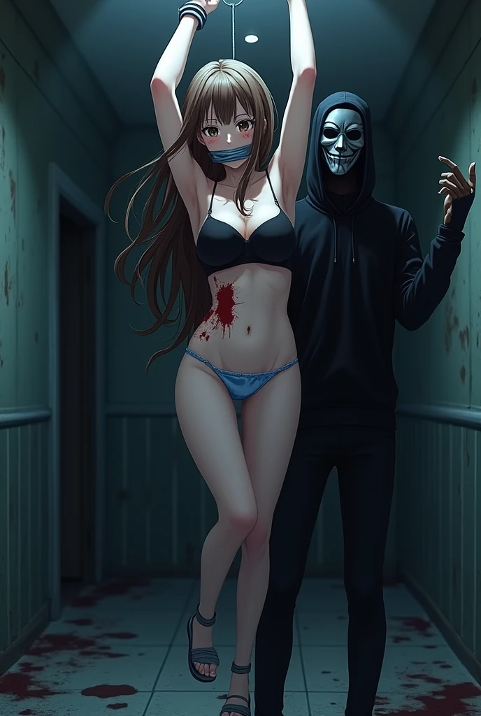 sekijou sawako, shibari, anime picture, brown eyes, brown hair, long hair, black eye glasses, arms up, stripped, best quality, ultra-detailed, high resolution, extremely detailed cg, unity 8k wallpaper, masterpiece, perfect body, blood stained whole body, blood stained in face, femsub, BDSM, light blue panty, black bra, small breasts, at night, hanging in the ceiling, dark room, teary-eyed, duct tape gagged, over the mouth gag, Sekijou Sawako, abandoned room, tied up wrist together hanging to ceiling, bound ankle together, standing nearby wall, bracing, a man, beside her, in black, black mask, scaring her,