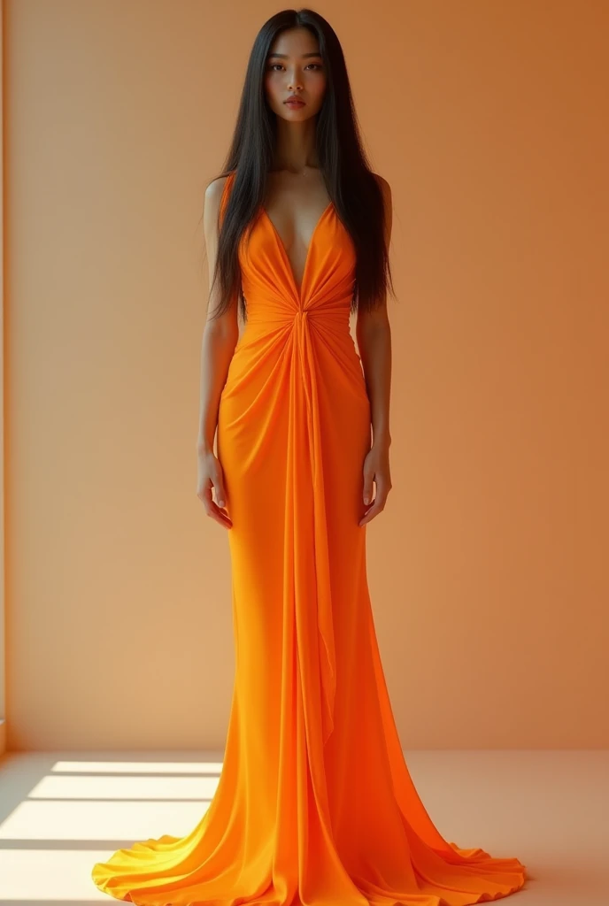 Sexy girl with long straight hair turned into a orange statue