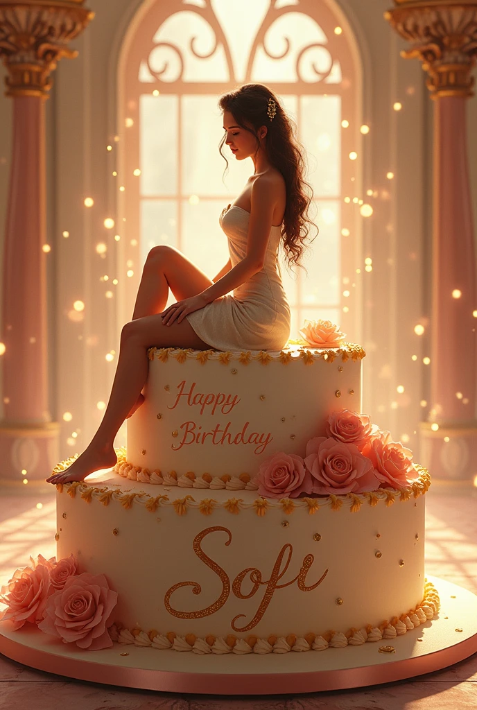 **Prompt:**

A beautiful young woman sitting on a large, ornate birthday cake, surrounded by sparkling lights. The cake is decorated with flowers and gold accents. The text "Happy Birthday Sofi" is written in elegant script on the side of the cake. 
