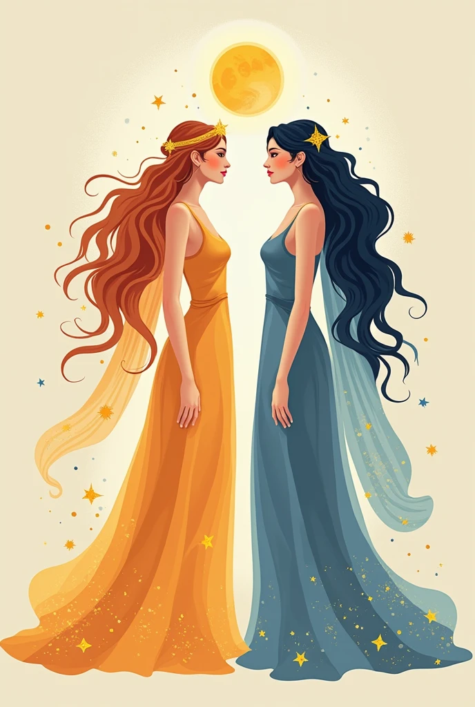 Flat vector of 2 godsesses who are sisters. One is goddess of the day and is on the left side of the image. The other is goddess of the night and is on the right side of the image. They are both wearing elegant dress that represent their domains