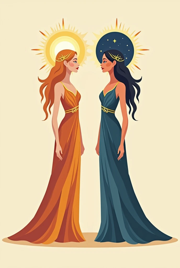 Flat vector of 2 godsesses who are sisters. One is goddess of the day and is on the left side of the image. The other is goddess of the night and is on the right side of the image. They are both wearing elegant dress that represent their domains