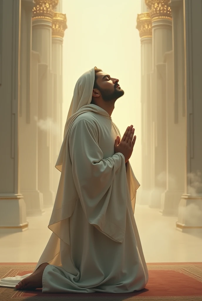 Fade back to the believer in prayer, showing a look of peace and contentment on their face. The scene closes with the believer standing, ready to continue their journey with renewed faith, as the glow of paradise lingers in the background.Mood: Reflection, spiritual peace, and hope for the hereafter.
Man praying salah