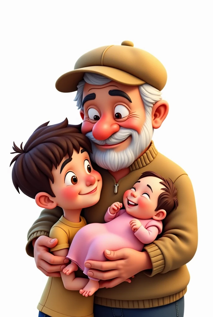 Disney CARTOON OF LOVING YOUNG GRANDFATHER IN CAP WITH ADELESENT GRANDSON AND NEWBORN GRANDDAUGHTER IN PINK DRESS ON A WHITE BACKGROUND