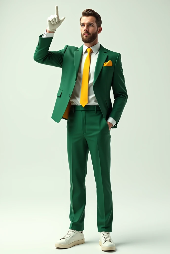 I would like a highly realistic full body image of a man. He should be wearing a green suit, green pants, white shirt and yellow tie. The background should be a neutral environment, white and well lit. The man&#39;s hair should be combed to the side and he should wear white gloves.. He should be pointing to the left side with his right index finger as if he were pointing to a sign on his left side above his shoulder but looking at the camera and positioned in front of it., and the camera must be at eye level, capturing the whole body, and the image must be in high resolution. The shoes should be sneakers.