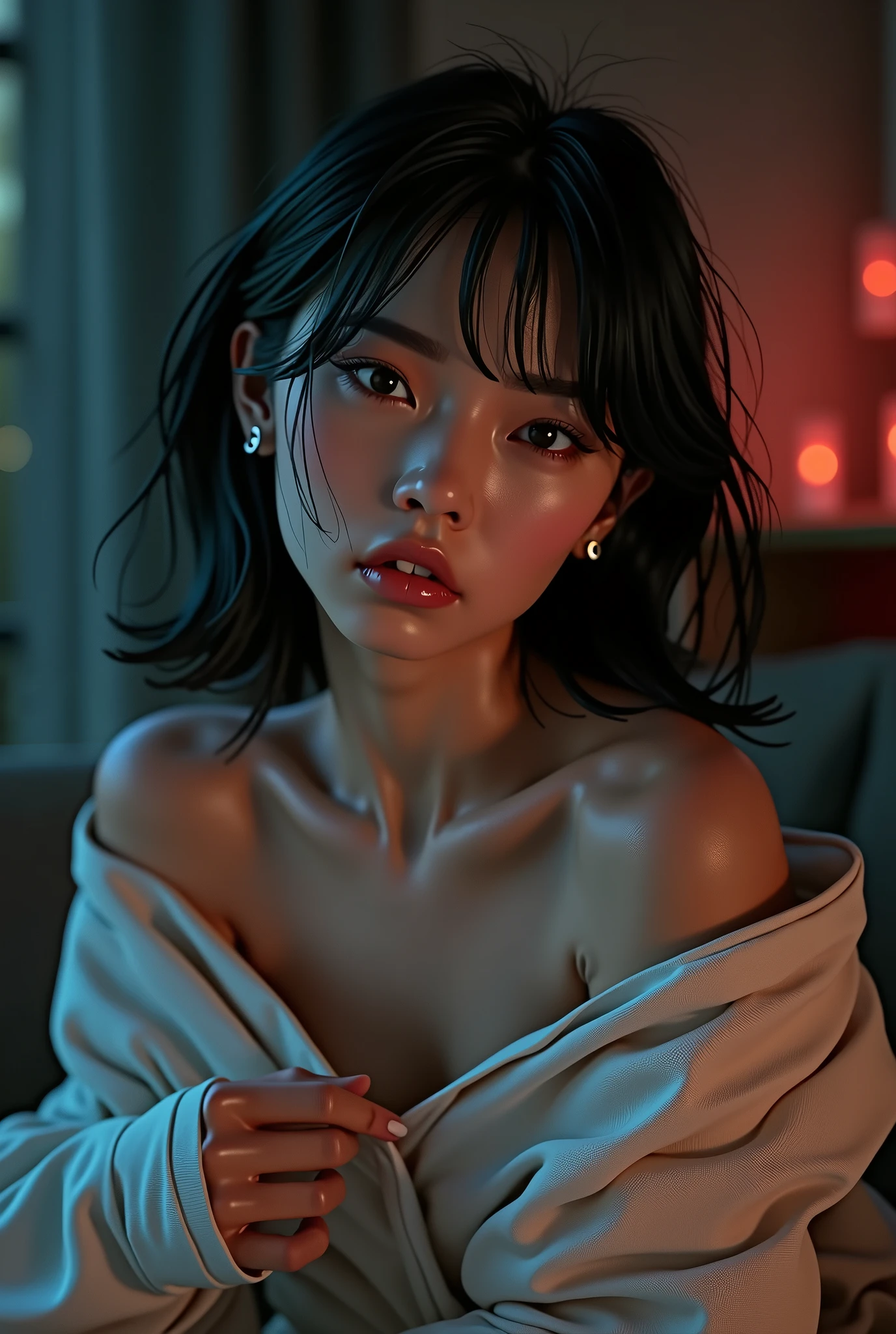 (masterpiece:1.4), (best quality), (detailed), 1girl, tongue, pale skin, oversized shirt, shirt, off shoulder, shirt, naked shirt, shirt tug, (edgEarPiercing, EAR PIERCING,)
glow effects, godrays, Hand drawn, render, 8k, octane render, cinema 4d, blender, dark, atmospheric 4k ultra detailed, cinematic, Sharp focus, big depth of field, Masterpiece, colors, 3d octane render, 4k, concept art, trending on artstation, hyperrealistic, Vivid colors, extremely detailed CG unity 8k wallpaper, trending on CGSociety, Intricate, High Detail, dramatic