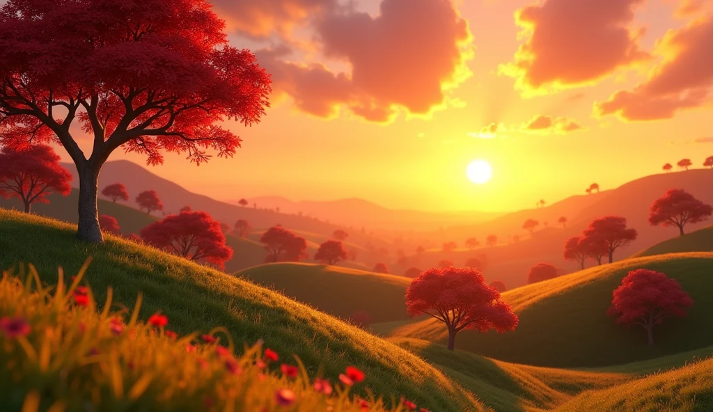 3d pixar animation style of a sunset over the countryside of El Salvador. On the hills you can see many trees with red flowers and the sky shines.