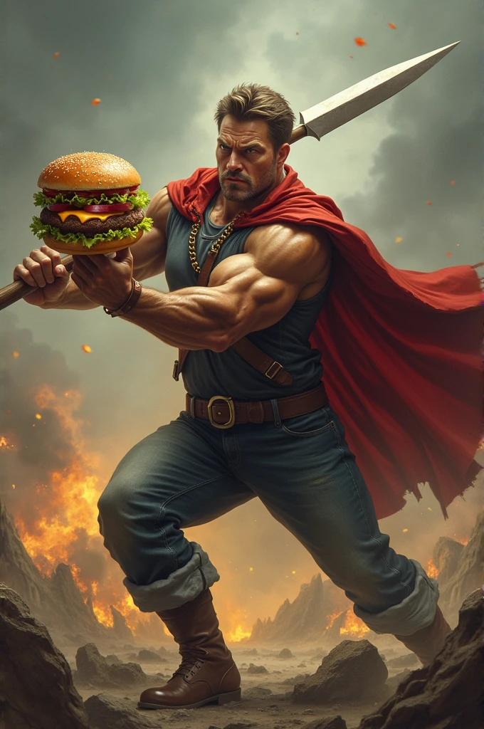 I want a man in a position to throw something and who has a hamburger for a spear in his hand