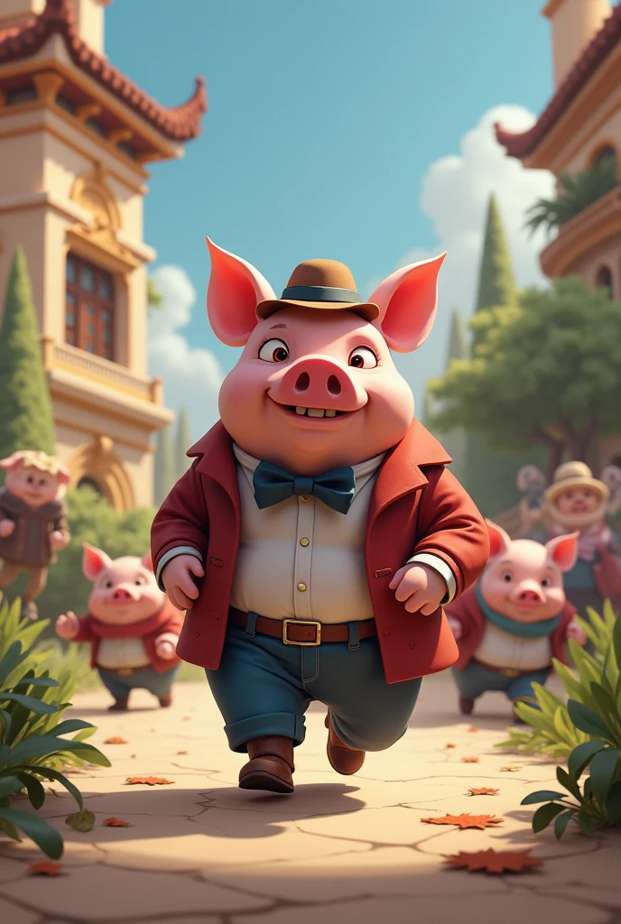 A hungry cool pig goes to the pig leader&#39;s house to ask for food.

