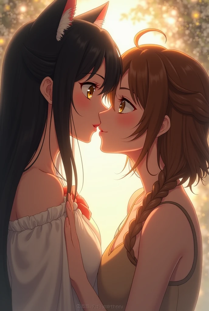 ookami mio, a fair-skinned wolf with black hair and pale skin and golden eyes, is surprised to feel the kiss of her brown-skinned friend, golden eyes and brown hair