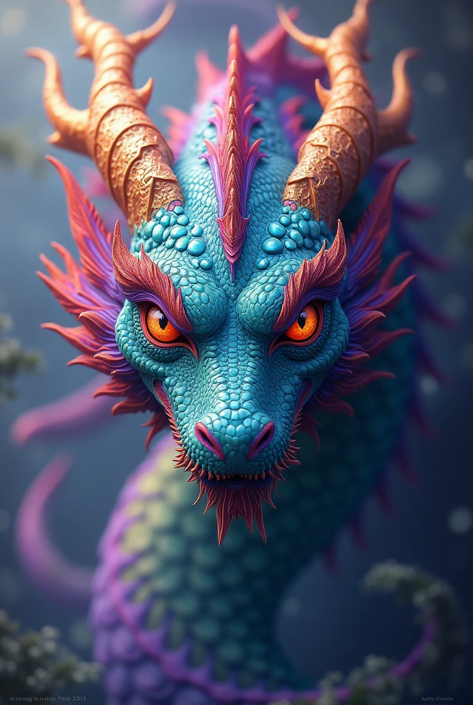  phoenix dragon face purple green and blue colours