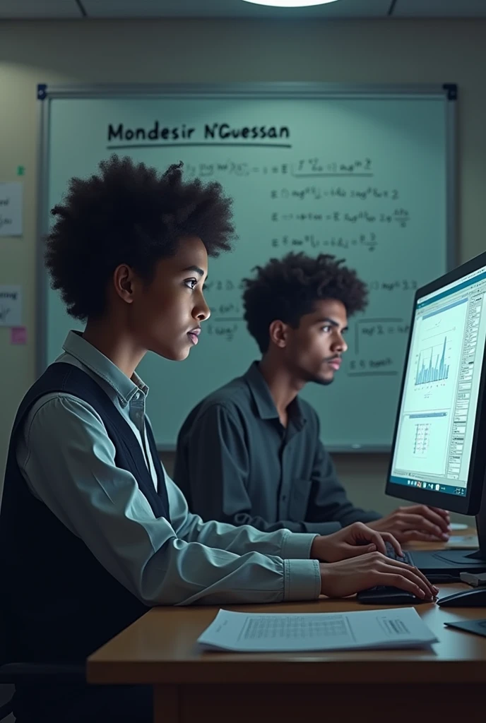 A PhD student in mathematics working on oscillatory integrals on a computer face in the classroom with MONDESIR N’GUESSAN a round with a whiteboard in the background that says 'MONDESIR N’GUESSAN That see very well