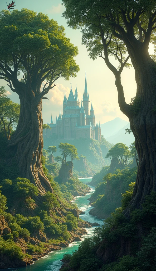 a fantastical landscape, lush forest with towering trees, sunlight streaming through the leaves, a majestic castle in the distance, a winding river, magical creatures hidden in the foliage, highly detailed, 8k, photorealistic, cinematic lighting, vibrant colors, fantasy art