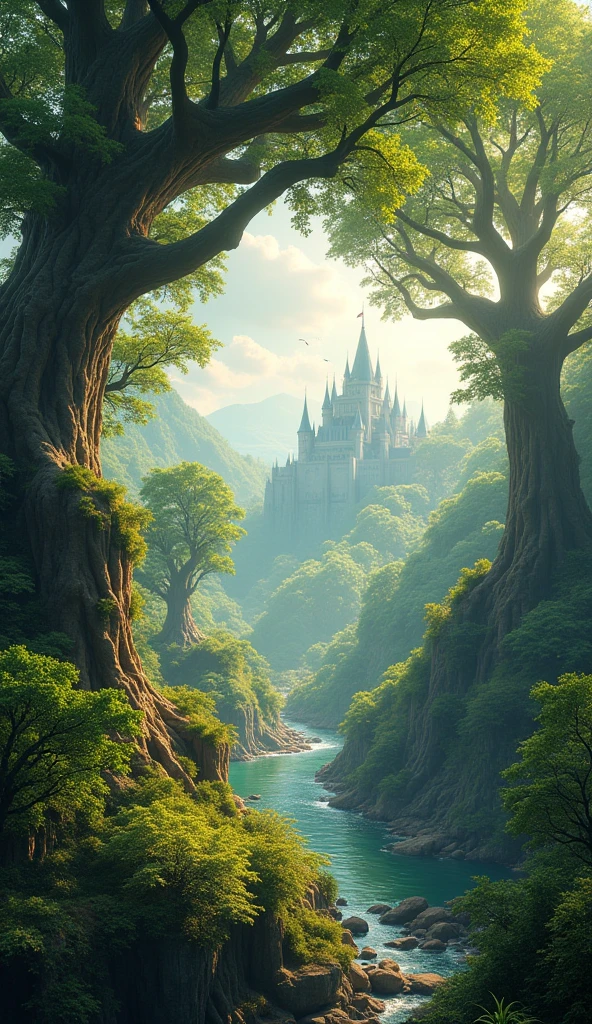 a fantastical landscape, lush forest with towering trees, sunlight streaming through the leaves, a majestic castle in the distance, a winding river, magical creatures hidden in the foliage, highly detailed, 8k, photorealistic, cinematic lighting, vibrant colors, fantasy art