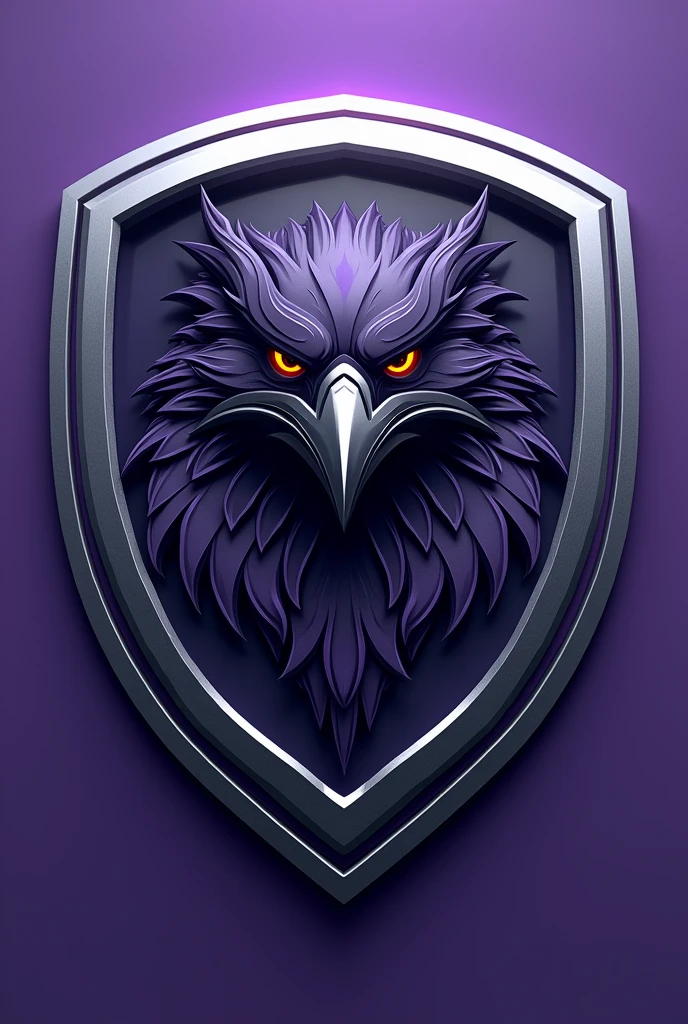 generate a 3D sports raven mascot logo shield in shiny silver and purple color, put a text strip "Eng. by Software 2024.1" that involves the shield