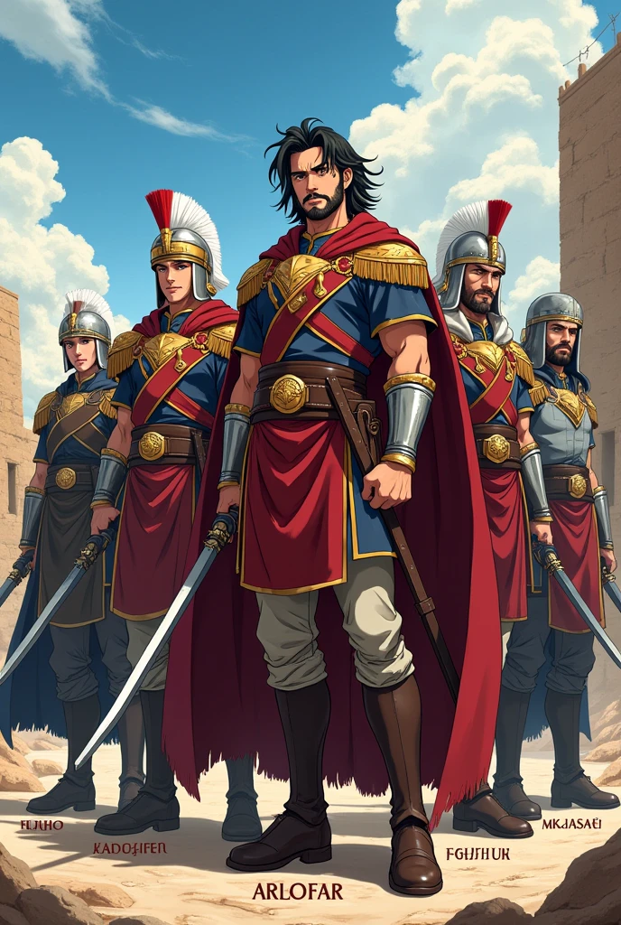 Anime style of the mighty men of David mentioned in the Bible, taking into account their exploits and that the military uniforms correspond with the clothing of that time, placing the names of each one at their feet