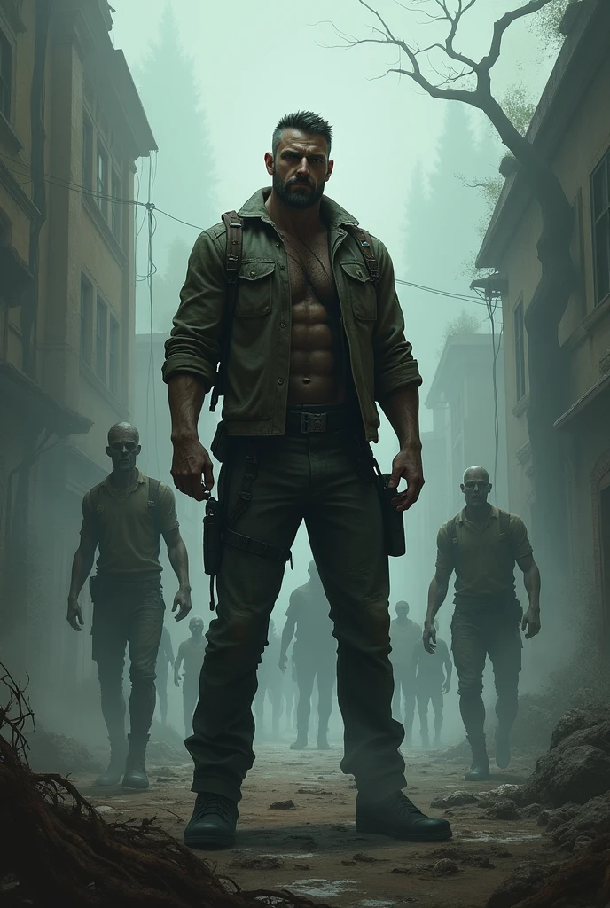 Make a book cover in the style of The Walking Dead with a dark and strong armed protagonist, people around and zombies in the background.
book cover "The Mist Walkers"