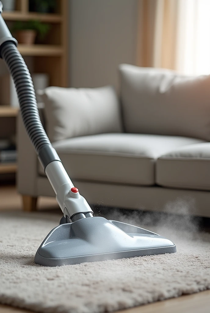 professional upholstery extractor machine. dry cleaning. triangular nozzle of the machine sucking up the dirt. show the sofa in a room