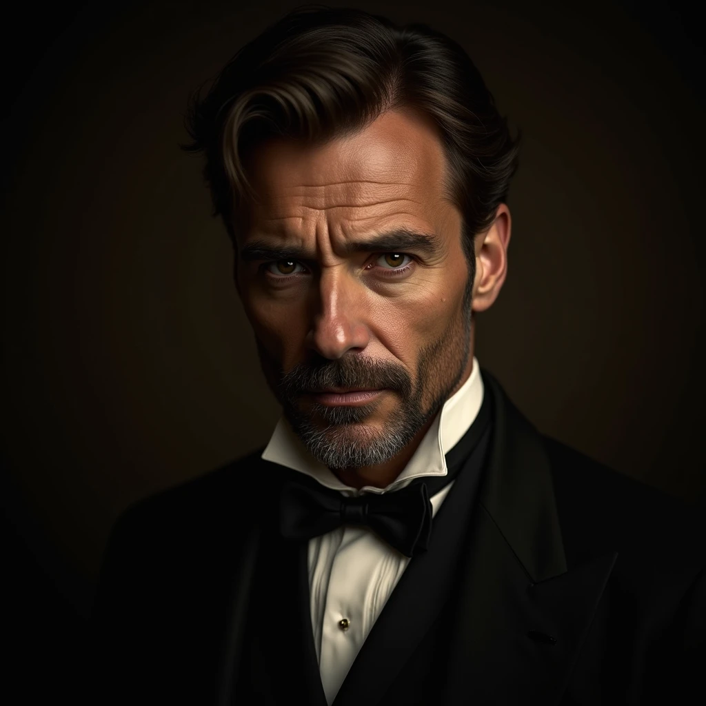 a man wearing edwardian clothes, photorealistic, cinematic lighting, dramatic shadows, high contrast, detailed texture, sharp focus, portrait, professional photography, elegant, sophisticated, atmospheric, moody, chiaroscuro, sepia toned