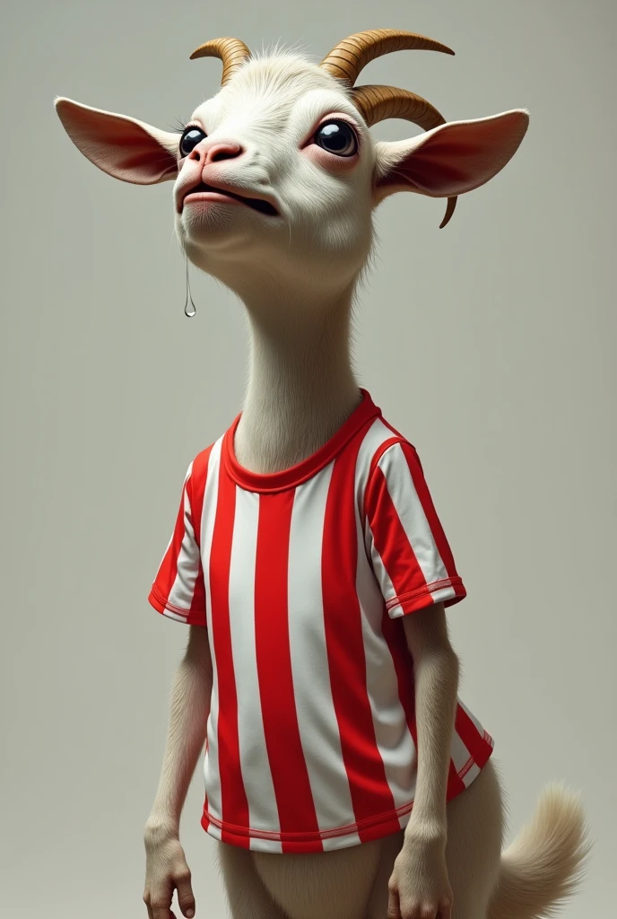 Goat defecating with white and red vertical striped t-shirt. while crying
