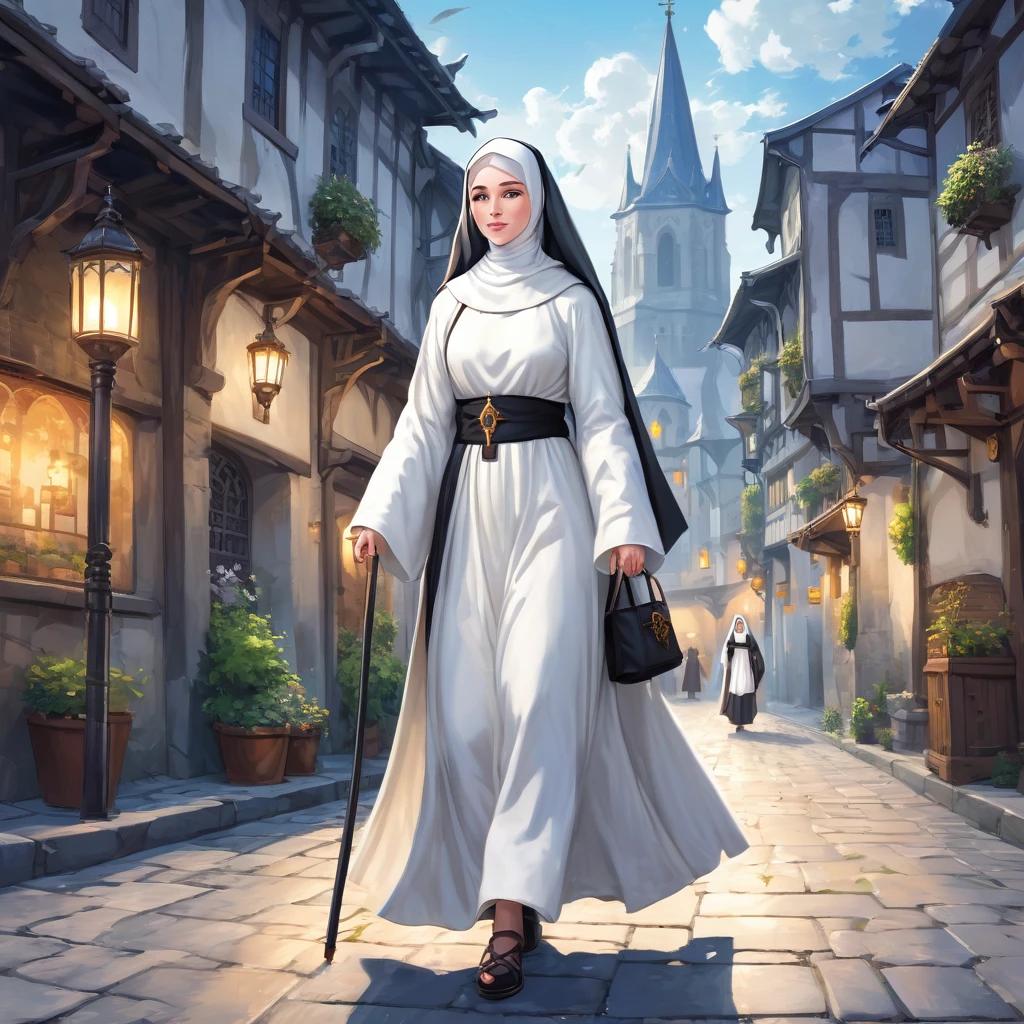 Medieval Europe,During the day,A nun in a night-white monastic robe,Strolling the city streets。Mid-ground composition,Anime style,Game illustration style,Magic style,Suitable for card illustrations。